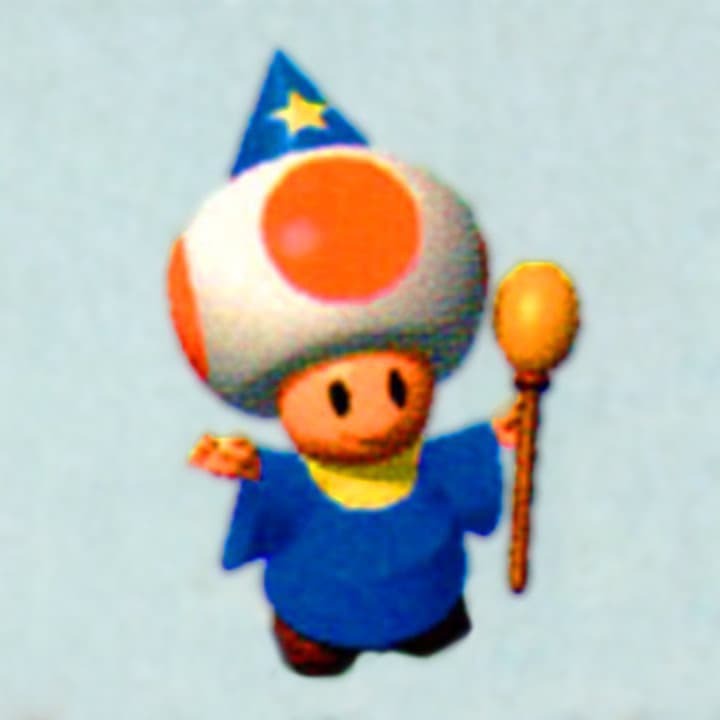 A pitcure of Toad from Mario dressed as a wizard.